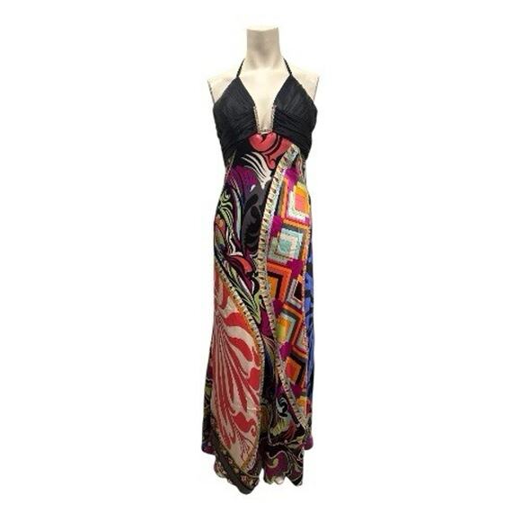 Cache Women’s XS Funky Print 90s Y2K Long Maxi SILK Dress Retro Halter USA - Picture 2 of 12